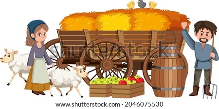 Couple medieval peasants with haystack in a cart illustration Royalty-Free Stock Photo #2046075530