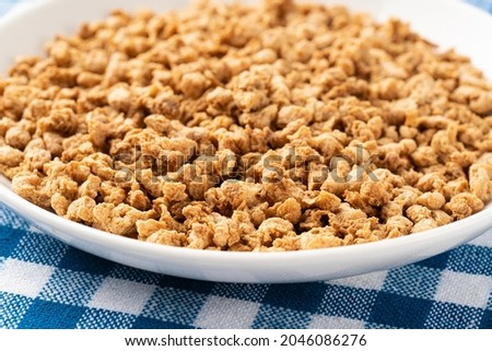 Mince-type soybean meat.
Soybean meat is a plant-based protein.