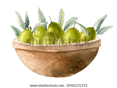 Green Olives in a ceramic Bowl. Watercolor hand painted illustration of appetizer in a plate. Isolated element on white background for Oil label or restaurant menu