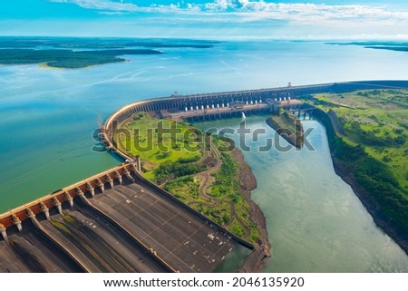 Aerial view of the Itaipu Hydroelectric Dam on the Parana River. Royalty-Free Stock Photo #2046135920