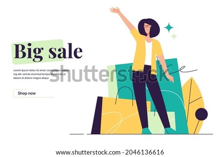 Vector illustration depicting a young happy woman standing on the background of shopping bags. Editable stroke.