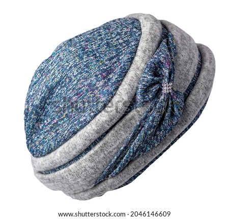 women's blue gray hat knitted isolated on white background. warm winter accessory