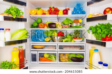 Open fridge full of fresh fruits and vegetables, healthy food background, organic nutrition, health care, dieting concept Royalty-Free Stock Photo #204615085