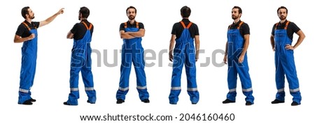 Profile, front and back view of man, male auto mechanic in dungarees standing alone isolated on white background. Concept of labor, business, caree, job, sales, ad. Nonprofessional occupations Royalty-Free Stock Photo #2046160460