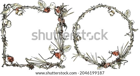 Decorative frame and wreath of dried berries with branches, watercolor illustration in sketch style. Autumn floral border with copyspace, isolated on white background. Festive invitation.