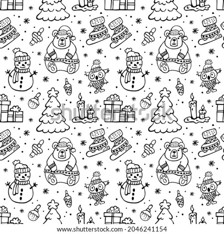 Christmas doodle pattern. Seamless pattern. Cute winter doodle illustrations. The black and white pattern is perfect for festive packaging, textiles, website design and social networks.