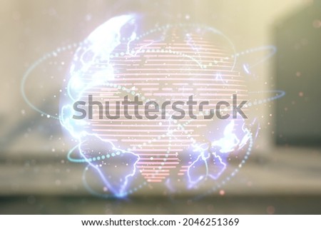 Double exposure of abstract digital world map hologram with connections on contemporary business center exterior background, big data and blockchain concept