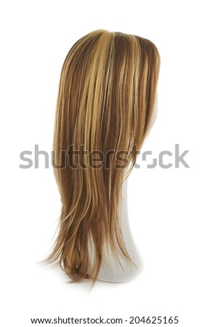 Open wave hair wig over the white plastic mannequin head isolated over the white background