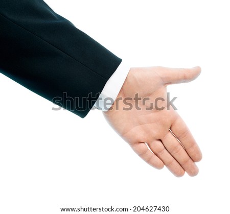 Dressed in a business suit caucasian male hand gesture sign of a handshake, high-key light composition isolated over the white background