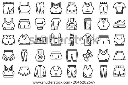 Workout fashion icons set outline vector. Athlete body. Clothes wear Royalty-Free Stock Photo #2046282569