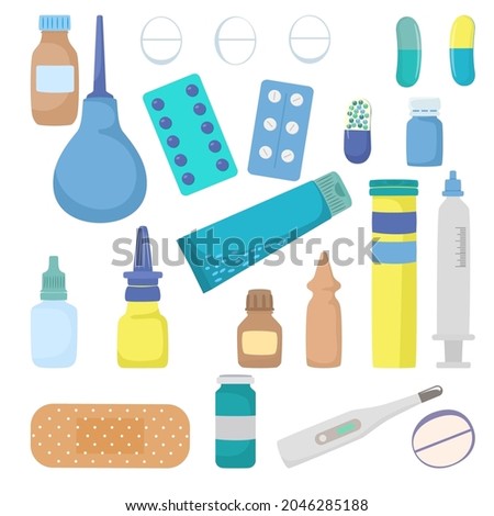Medical pharmacy drug icon set, medicine home first aid kit thermometer, medicament and bandage flat vector illustration, isolated on white.