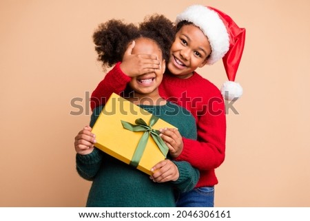 Photo of two funny kids boy make surprise cover girl eyes wear x-mas hat jumper isolated beige color background