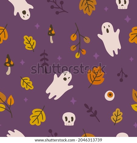Cute autumn doodle halloween pattern with ghost and leaves. Seamless texture for textile, fabric, apparel, wrapping, paper, stationery.