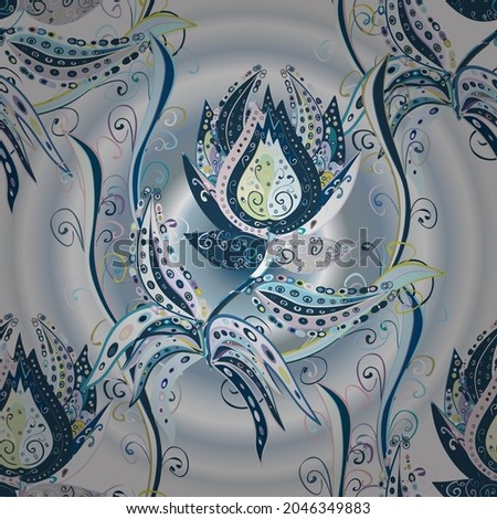 Floral pattern. Flowers on gray, neutral and blue colors. Flourish ornamental spring garden texture. Vector illustration. Flower seamless on gray, neutral and blue colors.