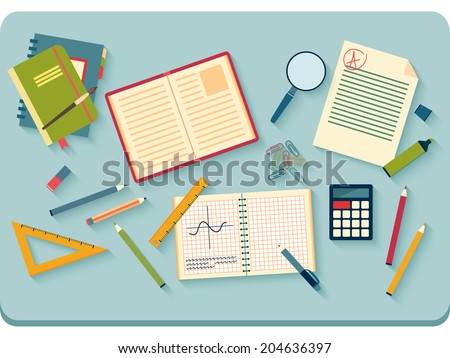 Concept of high school object and college education items with studying and educational elements. Top view of desk background. Flat icons vector collection. 