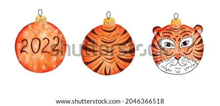 Colorful watercolor Christmas set of bright tree decorations in the style of the tiger, the symbol of the year. Toys in orange colors, with tiger stripes and a muzzle on a white background.