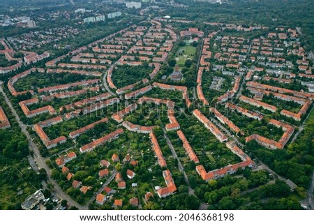 Aerial view of Sępolno in Wrocław - an housing estate in the shape of an eagle. One of the most quiet and picturesque places in old Wrocław. Garden city. Unique on a European scale.