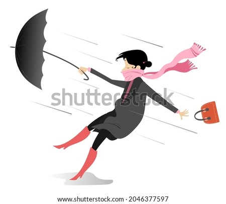 Windy day and young woman with umbrella illustration. Young woman with an umbrella and bag stays on the strong wind isolated on white
