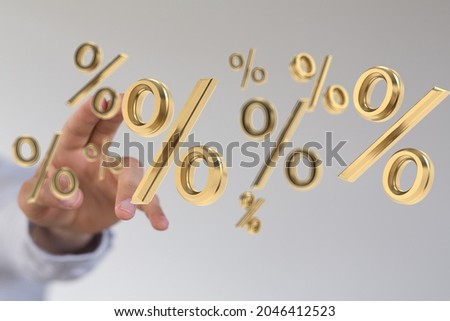 A 3d rendering of golden percentage symbols on a white background and a reaching hand