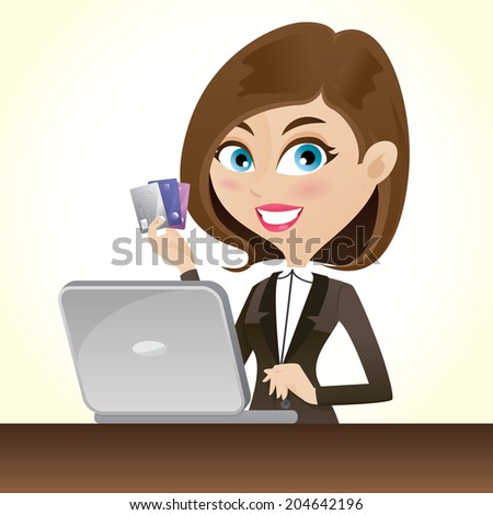 illustration of cartoon smart girl with credit cards and laptop