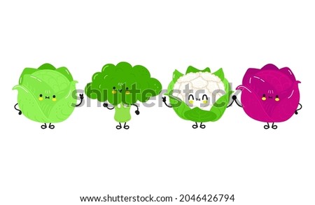 Funny cute happy white cabbage, red cabbage, broccoli, cauliflower characters bundle set. Vector kawaii line cartoon style illustration. Cute cabbage mascot friends concept Royalty-Free Stock Photo #2046426794