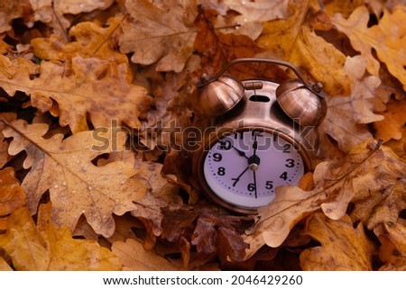 Autumn fall leaves and alarm clock. Autumn time concept