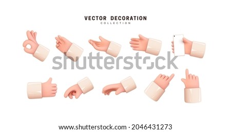 Hands set of realistic 3d design in cartoon style. Hand shows different gestures signs. Collection isolated on white background. Vector illustration Royalty-Free Stock Photo #2046431273