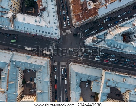 Aerial photo of Five corners square in historical center of St Petersburg. Evening traffic. Top view on rooftops. Russia in the summer. Tourism in Russian cities. Famous place.
