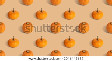 Pumpkin seamless pattern on beige background. Banner. Halloween pumpkin background. Autumn concept. Side view.