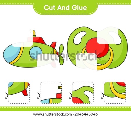 Cut and glue, cut parts of Submarine and Pacifier. And glue them. Educational children game, printable worksheet, vector illustration