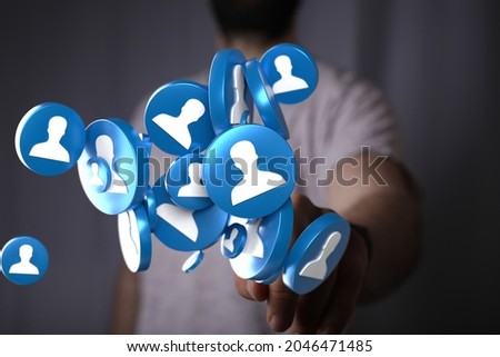A 3d rendering of a videoconference group of people talking on social network with a hand background