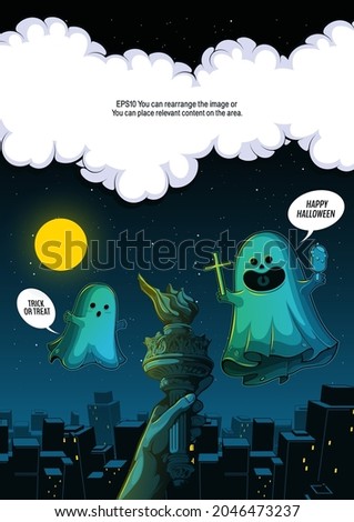night shots of flying ghost spirit in town, happy Halloween, Scary white ghosts, cute cartoon spooky character design for illustration, banner, template background or website.