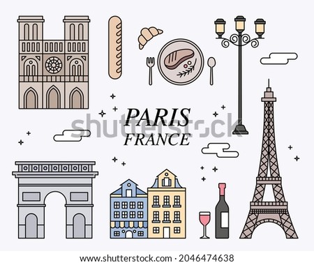 Landmarks and symbols icons of Paris, France. outline simple vector illustration.