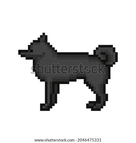 Pixel art black Schipperke dog, 8 bit side view pet character isolated on white background. Domestic animal icon. Old school vintage retro 80s, 90s 2d computer, video game, slot machine graphics
