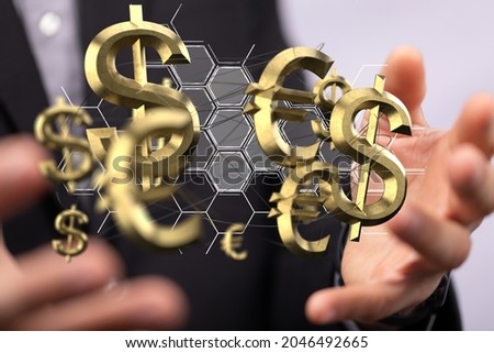 A 3D rendering of dollar and euro money symbols with a male's hand on background