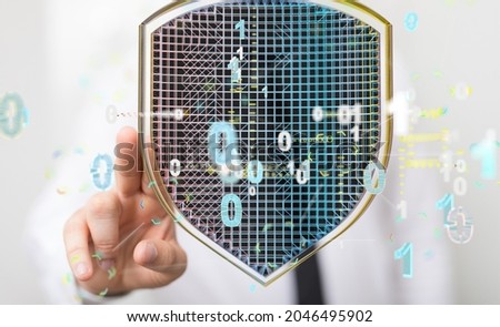 A 3D rendering of shield and binary codes with a hand touching it from the background- concept for cybersecurity and information or network protection