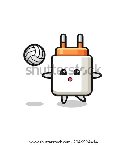 Character cartoon of power adapter is playing volleyball , cute design