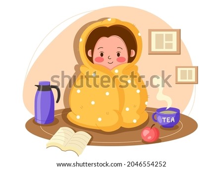 Young cute girl spends time at home wrapped in a blanket on a cold winter day. Cozy time at home in a blanket with tea, a book and an apple. Staying at home vector modern cartoon illustration Royalty-Free Stock Photo #2046554252