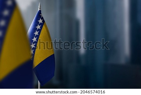 Small flags of Bosnia and Herzegovina on a blurry background of the city Royalty-Free Stock Photo #2046574016