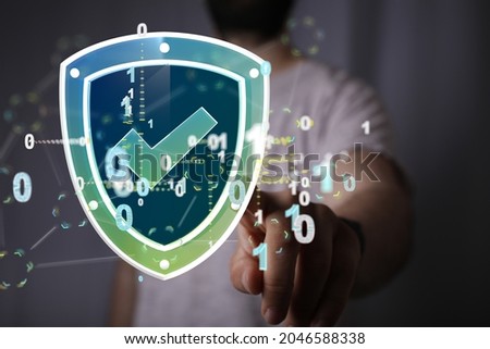 the male hand with 3D render cybersecurity of digital network systems with computer security engine