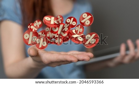 Female hand is touching sales icons; a 3D rendering