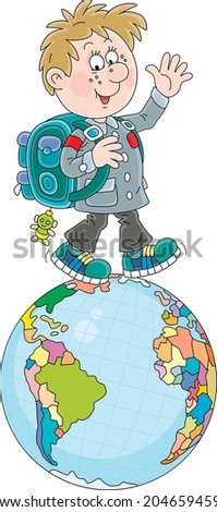 Cheerful schoolboy with his satchel waving his hand in greeting and walking on a spinning globe, vector cartoon illustration isolated on a white background