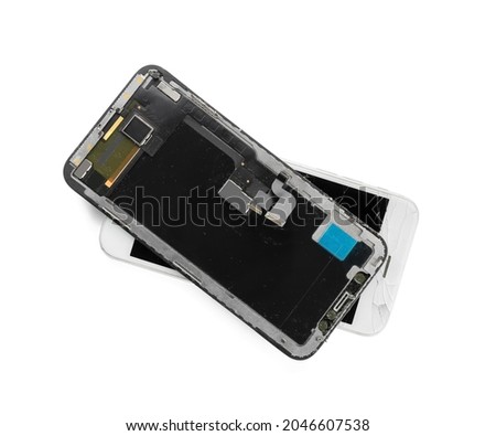 Display module and mobile phone with broken screen on white background