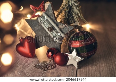 Christmas motif , Christmas decoration: Star, Christmas bells, chain of lights with red color