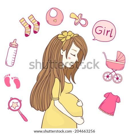 Happy pregnant woman thinking about  baby girl. Vector illustration isolated on white