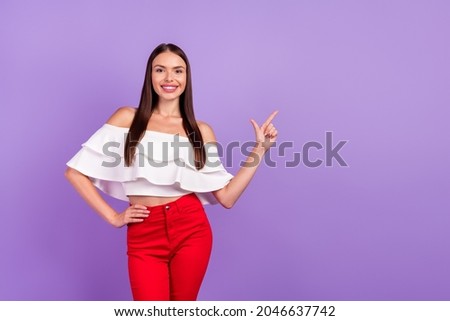 Photo of reliable promoter lady direct finger empty space wear white blouse isolated violet color background
