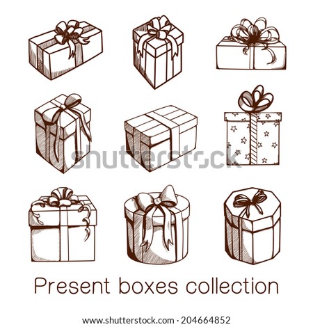 Present boxes collection. Sketch objects isolated on white. Eps 10 vector illustration.