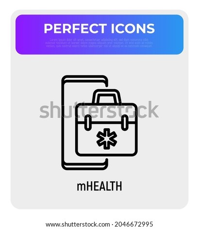 Telemedicine thin line icon, first-aid kit on screen of smartphone. Modern vector illustration of online medical consultant.