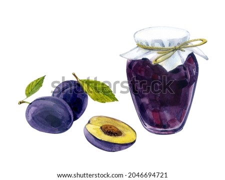 Watercolor clip art. Plum jam in a glass jar, the plum is whole and in pieces. Hand drawing.