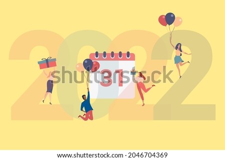 Happy people greet the new year. Vector illustration in a flat style. Young people celebrate new year and merry christmas